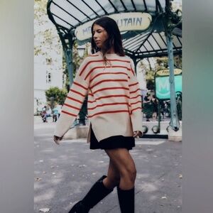 Zara Cream Sweater with Red Stripes - Crew Neck